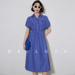 LOUIS YAO Women Shirt Style 100% Cotton Dress 2024 Summer Striped Casual Dress French Style A-line Short Sleeve Long Dress