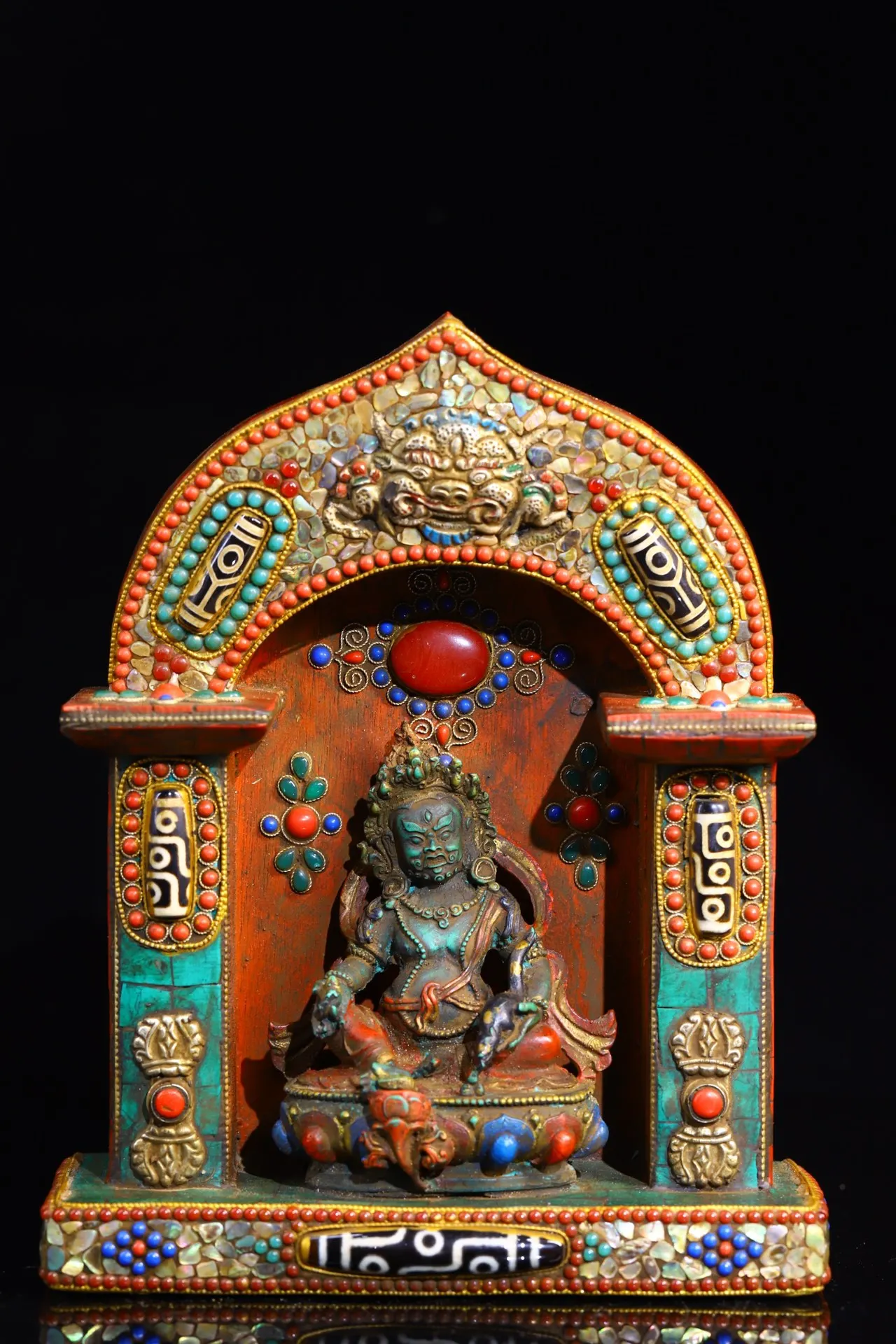 

9"Tibetan Temple Collection Old Bronze Mosaic Gem Shell Turquoise gZi Beads Painted Yellow Jambhala Buddhist Niche Worship Hall