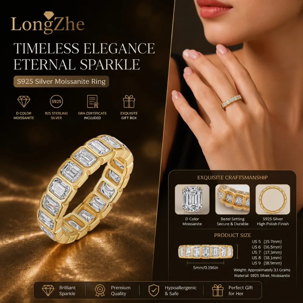 

GRA Certified Moissanite Full Eternity Ring 925 Silver Gold Plated Baguette Cut Stackable Wedding Band