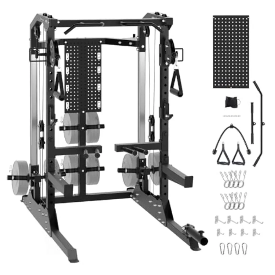 Power Cage 2000LB Power Rack with Independent Dual Pulley System for Home Gym Strength Training in Black Steel with High Stabil