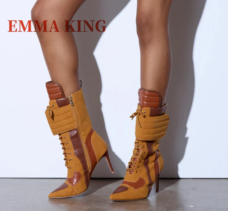 رياضي مدبب تو المرقعة منتصف العجل الأحذية كعب ستيليتو الدانتيل متابعة أحذية الموضة اللون منعت تصميم مأدبة الحفلات الأحذية النسائية #6