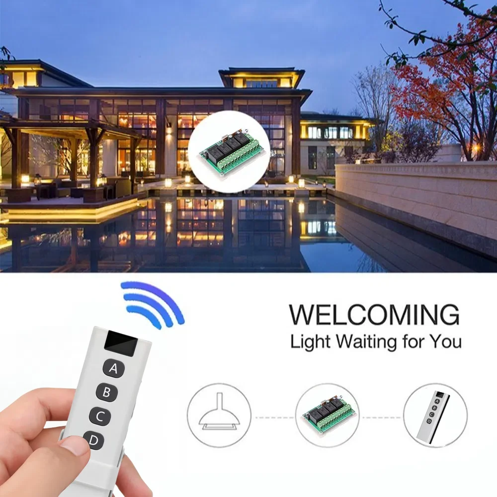 RF 433 MHz Drahtloser Fernbedienungs-Lichtschalter DC 12 V 24 V 36 V 72 V Relaismodul und 4-Kanal-Sender für LED-Torsystem Ein Aus