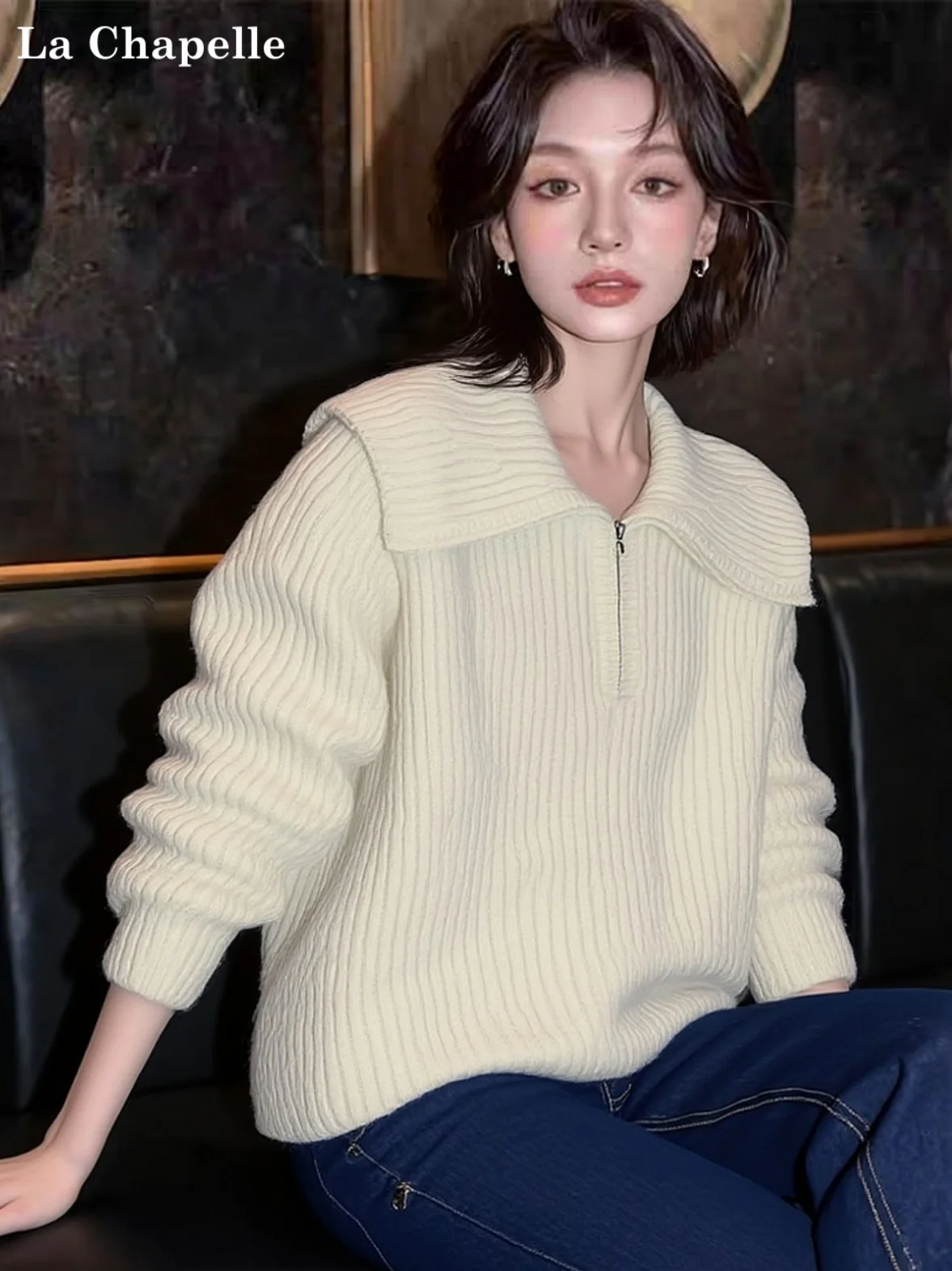 

La Chapelle Women's Lazy Style Half-Zipper White Knitwear Short Length Comfortable Fit Spring Autumn Winter Fashionable Sweater