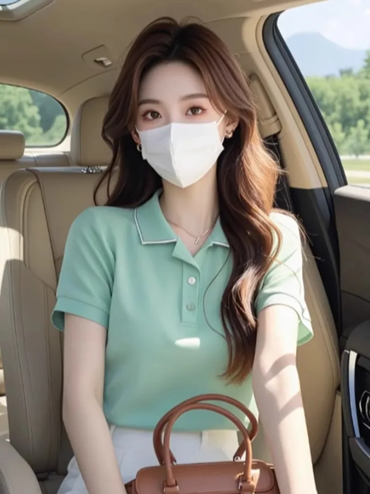 

Корейская женская летняя футболка с полуоткрытыми пуговицами, круглым вырезом и коротким рукавом, повседневная, удобная, прямого кроя