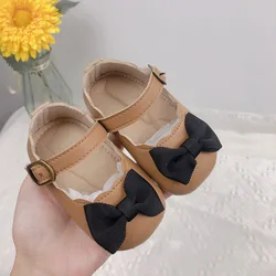 Zapatos coreanos de cuero con nudo de mariposa para primeros pasos, zapatos de princesa con lazo de suela suave, mocasines para cuna de 0 a 12 meses