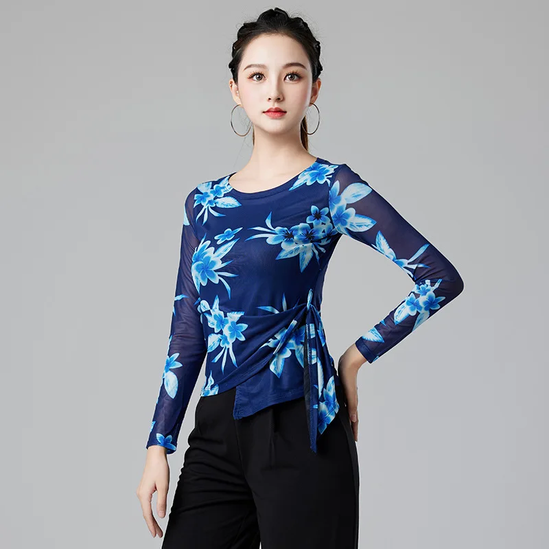 New Printed Latin Dance Top Adult Women Square Dance Clothes Standard Modern Dance Mid-sleeve Practice Performance Uniform