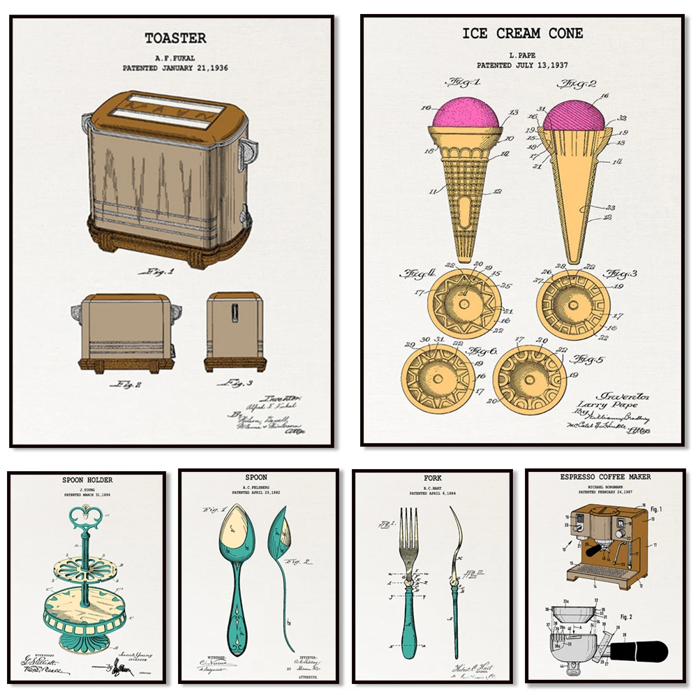 Espresso machine and toaster, spoon, fork, ice cream cone food kitchen restaurant wall decoration colorful patent print poster