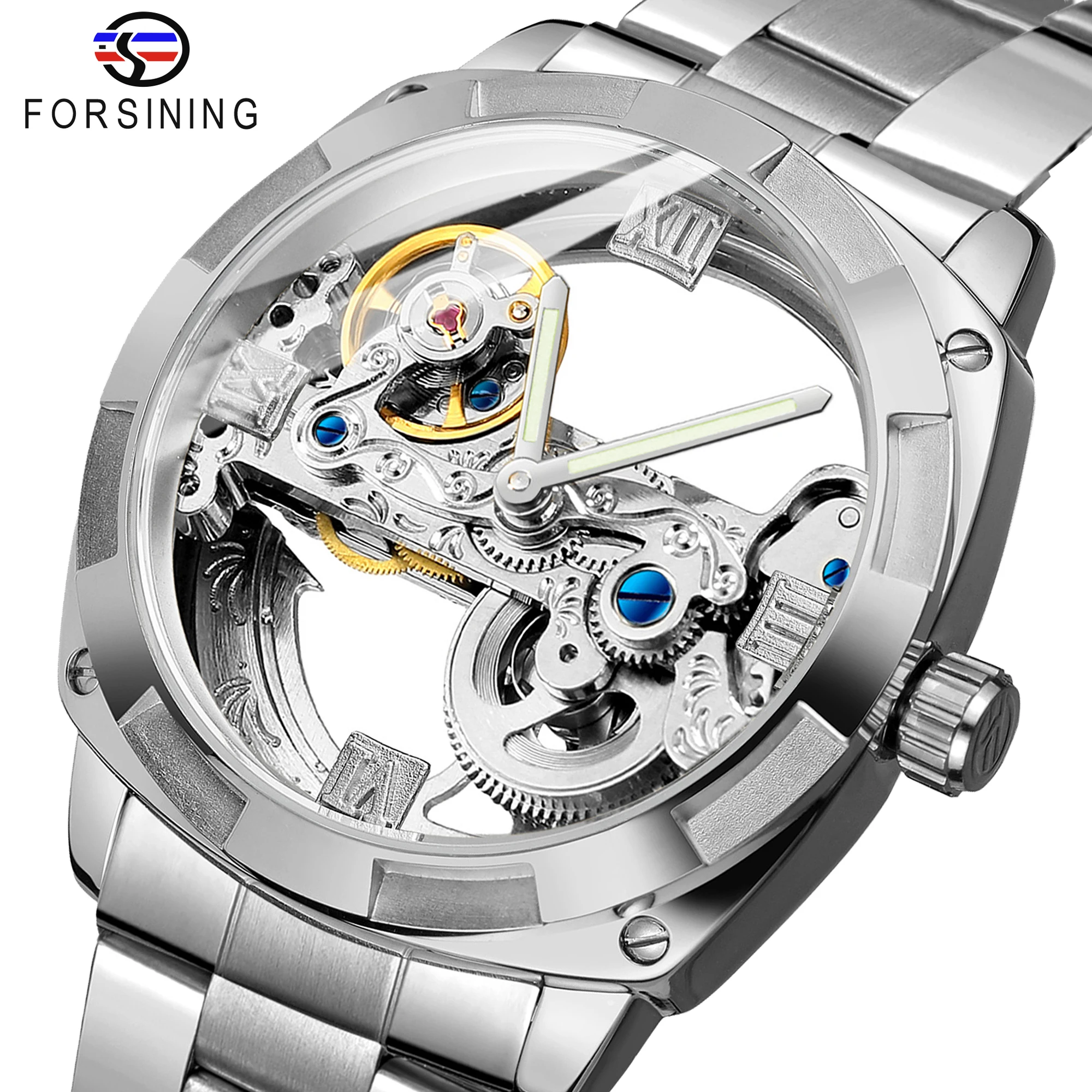 Forsining Men Transparent Design Mechanical Watch Automatic Silver Square Golden Gear Skeleton Stainless Steel Belts Clock Saati