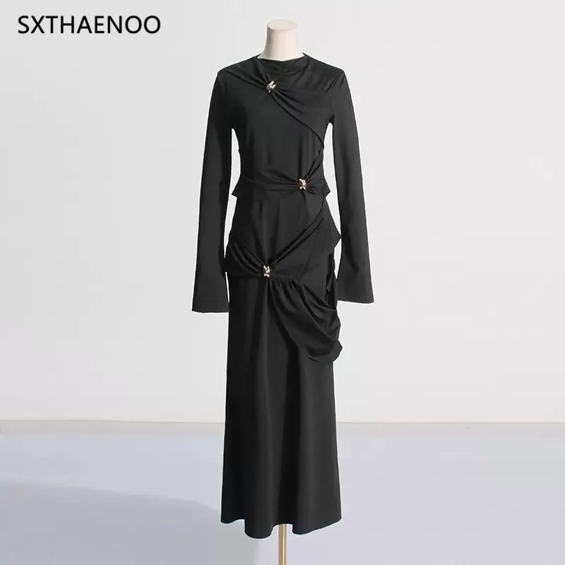 SXTHAENOO Effen Onregelmatige Jurken Voor Vrouwen Ronde Hals Lange Mouw Hoge Taille Afslanken Gesplitste Metalen Gesp Lange Jurk Vrouwelijke