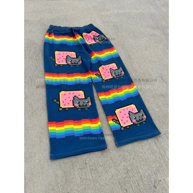 نيان كات بكسل طباعة السراويل الرجال 2025 جديد المتضخم فضفاض الشارع الشهير قوس قزح نمط بناطيل كاجوال Harajuku موضة مريحة