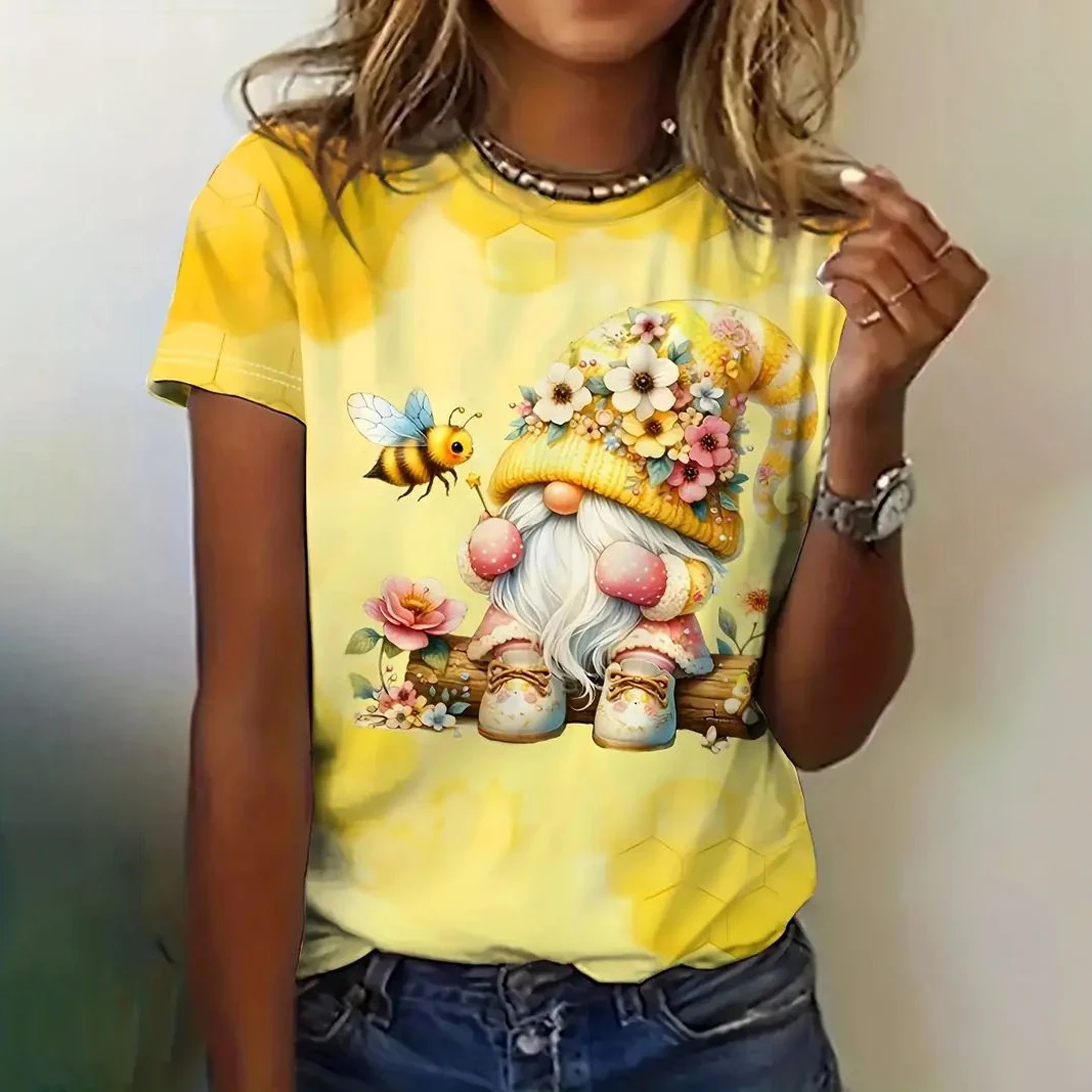 Women's T Shirt For Summer Cartoon Print Casual Short Sleeve Rabbit T-Shirts Female V-Neck Oversized Clothing Fashion Pullover