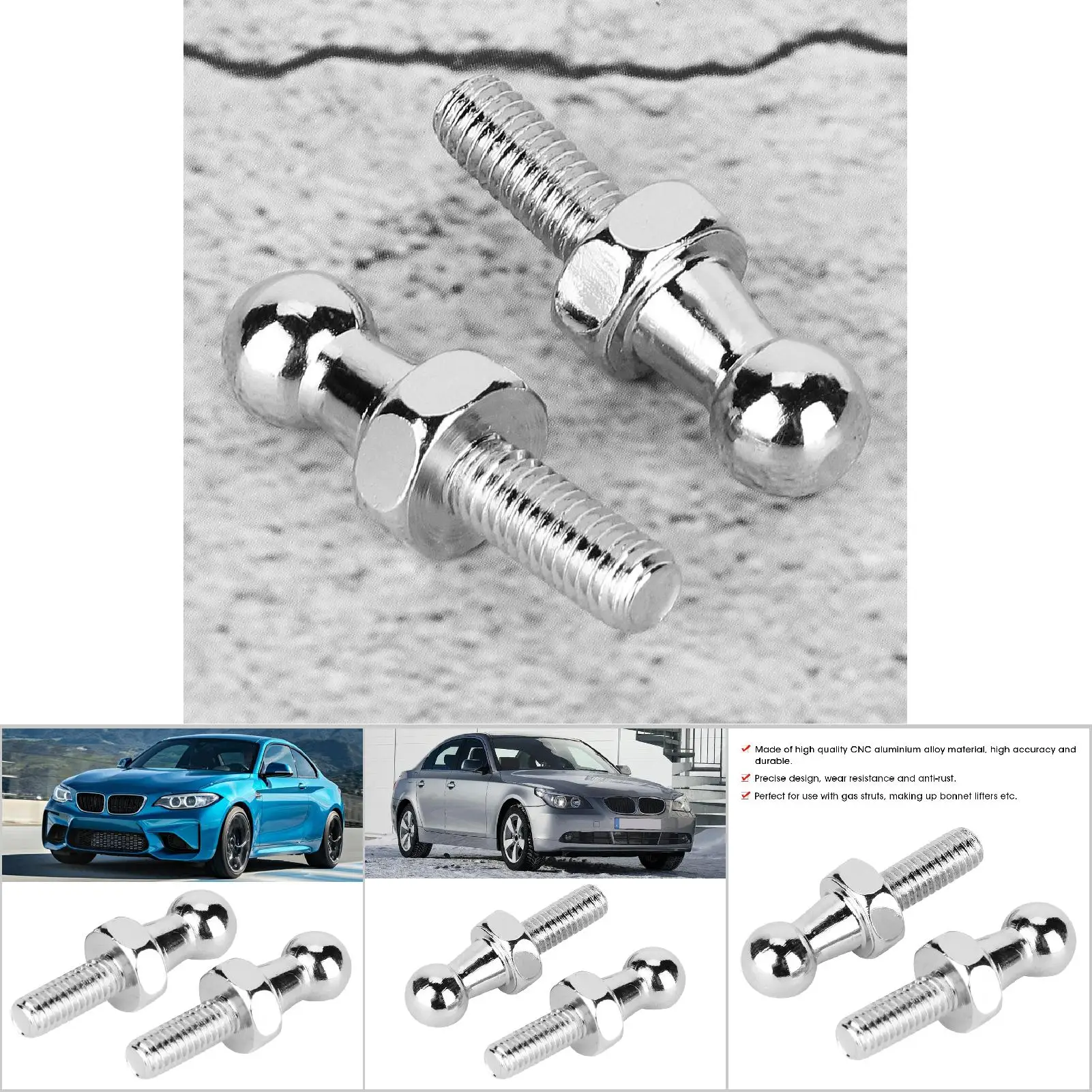 2Pcs CNC Aluminium Alloy Ball Stud Bolt For Gas Struts Ball Ended Bonnet