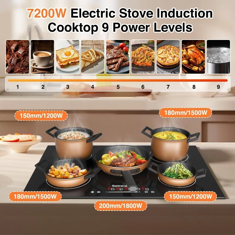 7200W Built-in Induction Stovetop, 5 Power Boost Burners Electric Cooktop, Child Lock, 9 Po