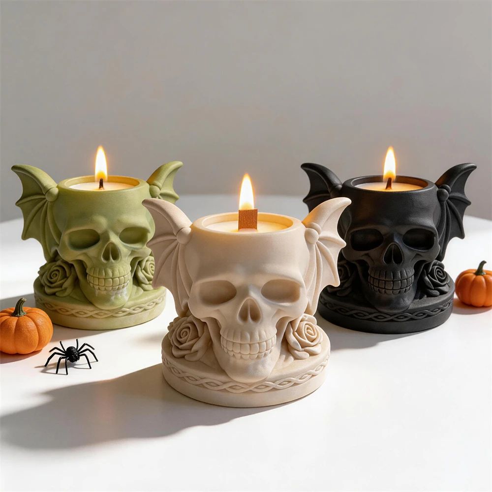 

Gothic Halloween Rose Skull Candle Holder Silicone Mold Concrete Plaster Candlestick Mold Epoxy Resin Candle Holder Candle Jar