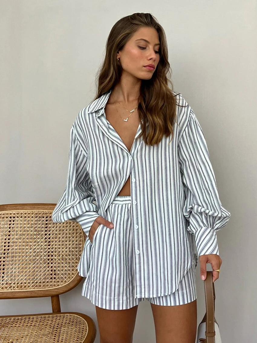 Marthaqiqi Casual Striped Women'S Nightwear Set Turn-Down Collar Sleepwear Long Sleeve Nightgowns Shorts Loose Femme Pajama Suit