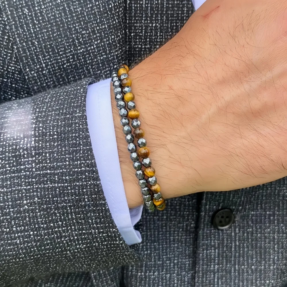 Unregelmäßiges Schwarzes Gallenstein-Streifenperlen-Armband Retro Herren Doppelschicht-Armband Modischer Party-Schmuck Trendige Accessoires – Detail 2