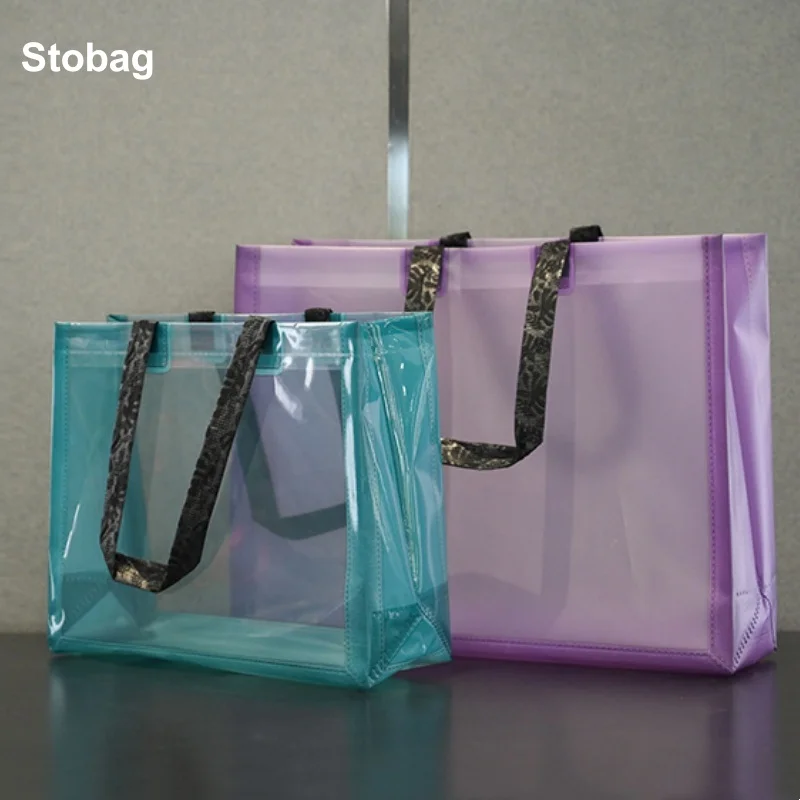 

StoBag 25pcs Color Transparent Frosted Shopping Tote Bag Shoulder Woman's Plastic Gift Pouches Portable Custom Logo(Extra Fee)