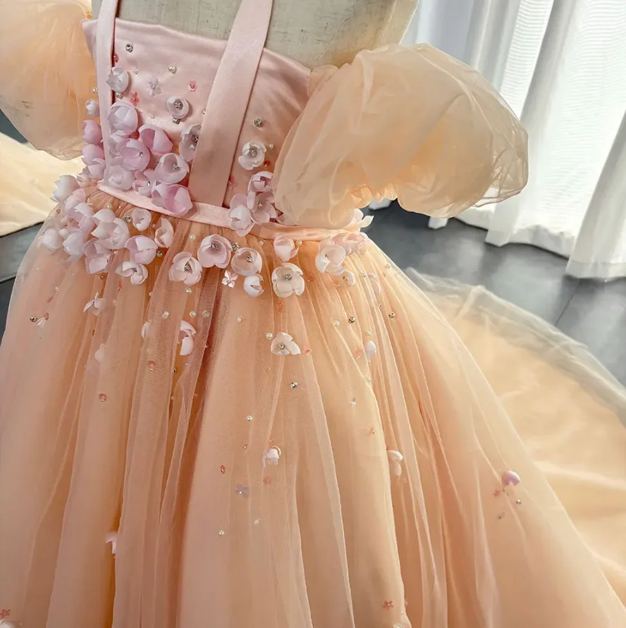 Luxury Princess Dress 3D Flowers Cora Pearls Dubai Kids Wedding Birthday First Communion Party Prom Gowns 2024