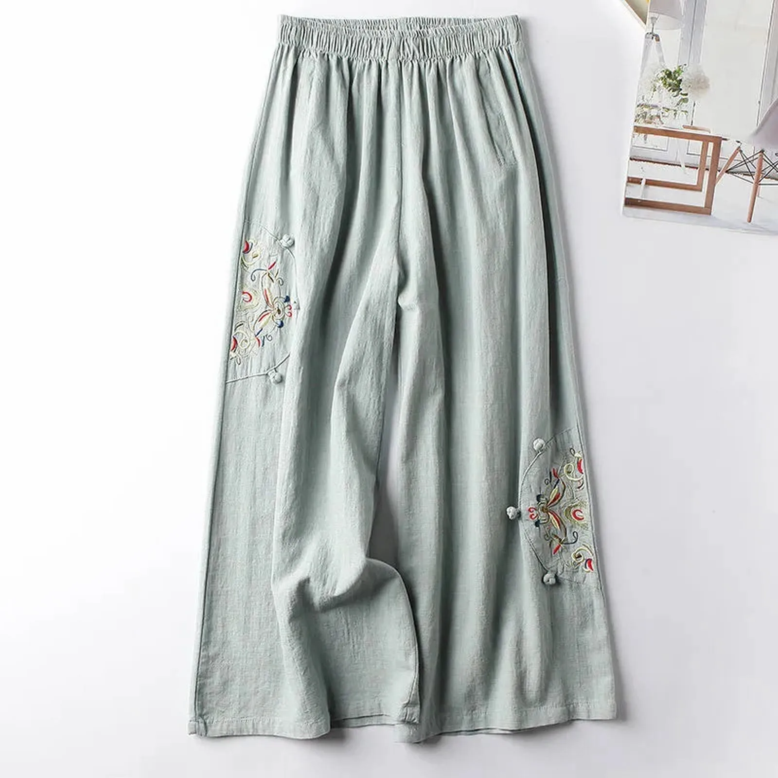 Women' S Culottes Linen Blend Wide Leg Pants Elastic Waist Casual Palazzo Trousers With Solid Casual Baggy Jogging Leisure