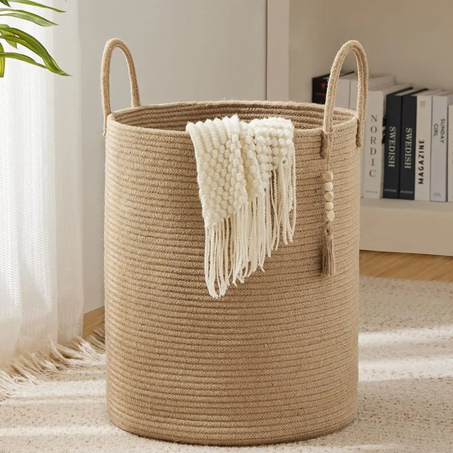 

Large Storage Basket Tall Woven Decorative Laundry Hamper with Handles Foldable Cotton Rope for Clothes Kids Toys Living Room