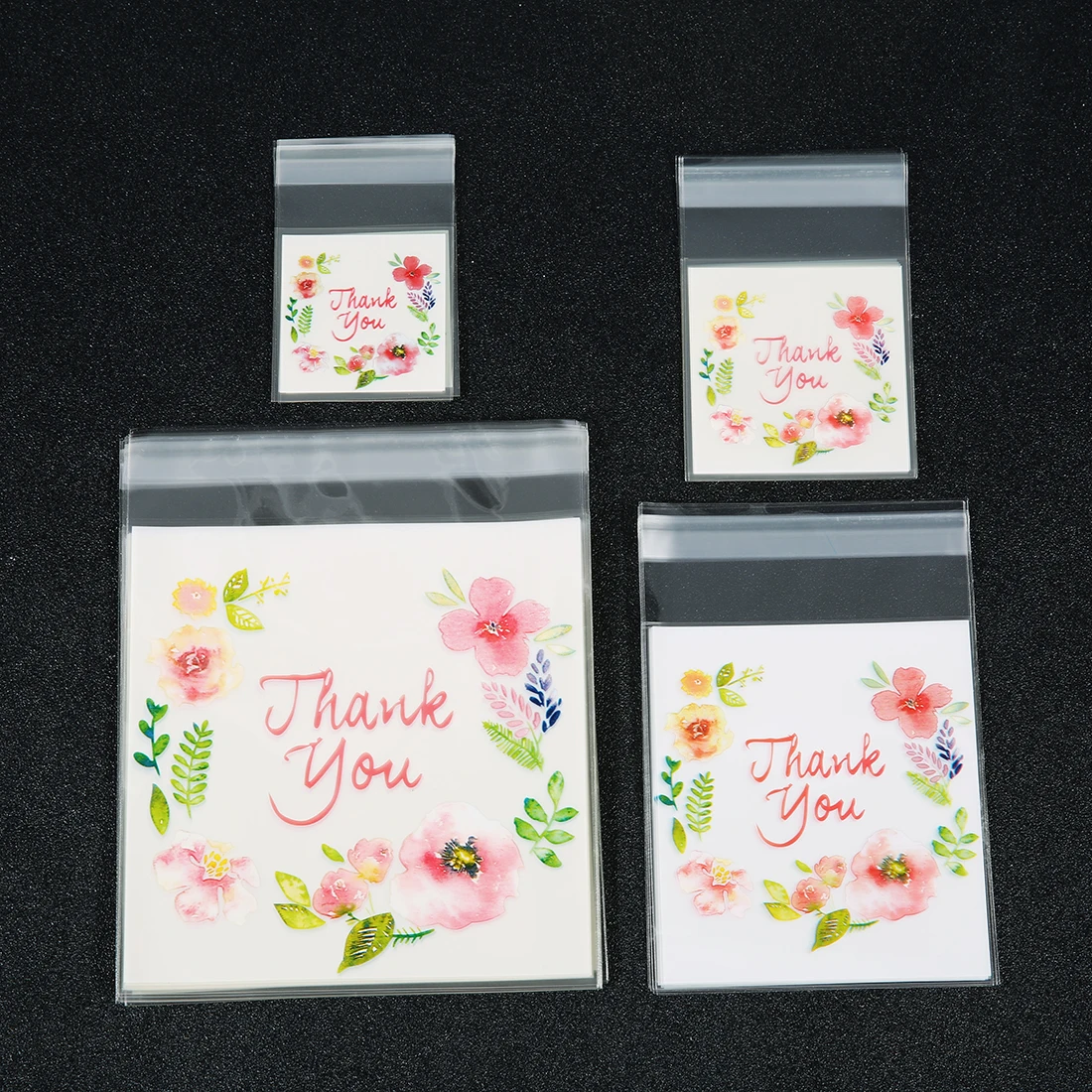 100pcs Transparent Ziplock Bag Multi Sizes Thank You Flower Print Plastic Bags Jewelry Retail Food Storage DIY Packaging Pouches
