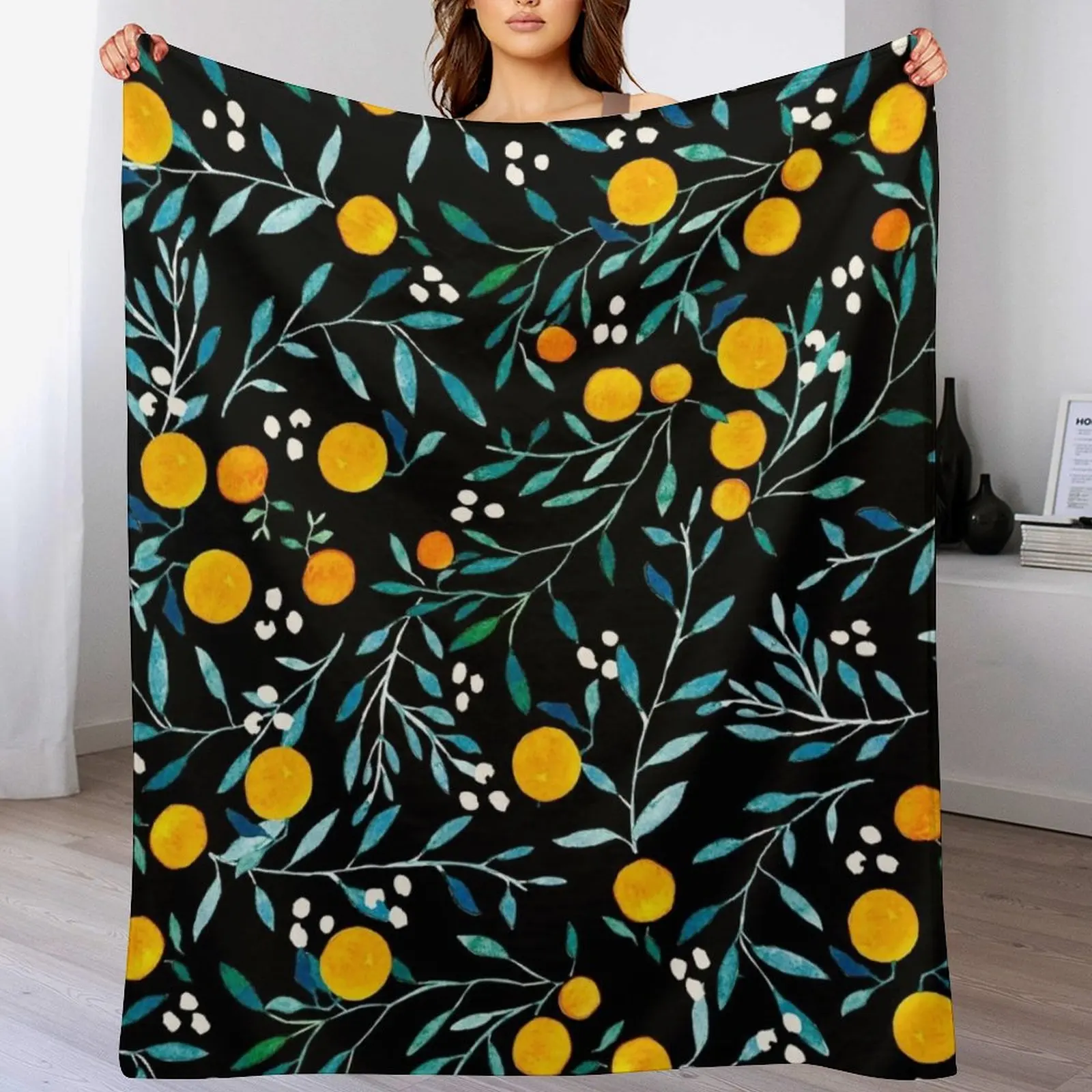 

Oranges on Black Throw Blanket Warm Comfortable Blanket for Office Napping