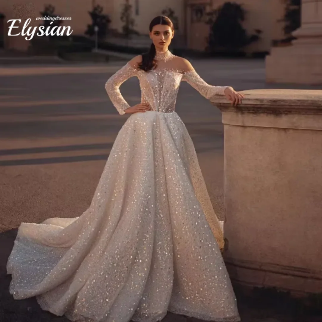 Customized Glitter Wedding Dresses A Line Bridal Gowns Beading Appliques Full Sleeves Robes For Women Vestidos De Novia