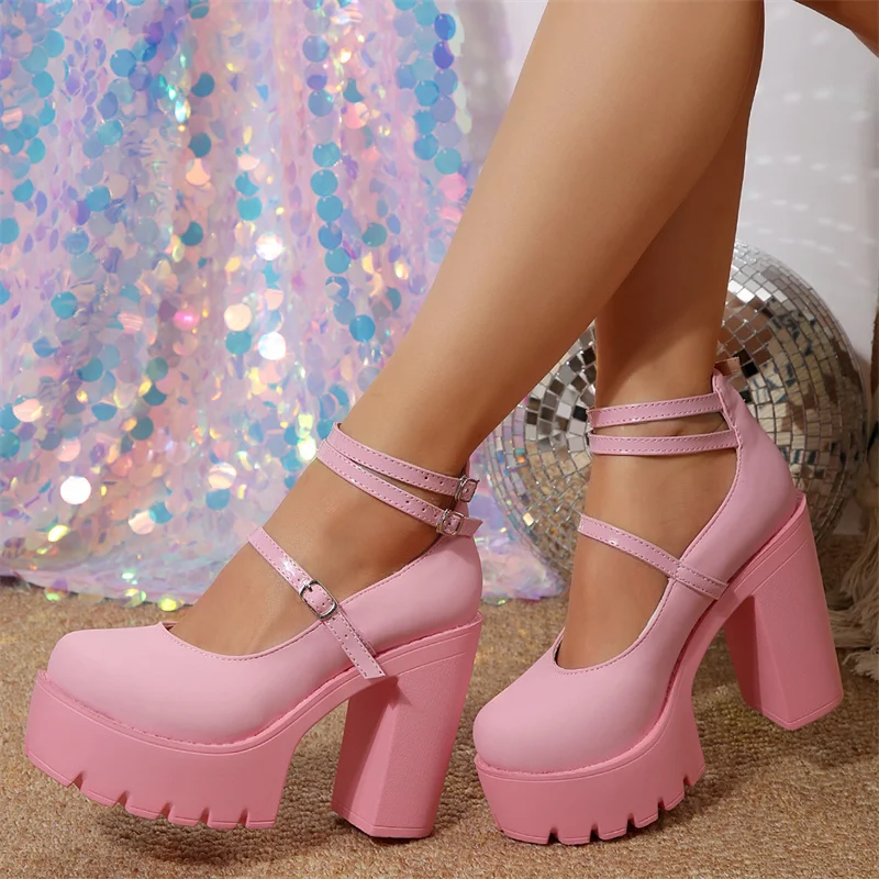 Pink Chunky Heeled Ankle Strap Pumps Sweet Platform Square Heel Woman High Heels Pumps Platform Shoes 2024 Spring Woman Shoes