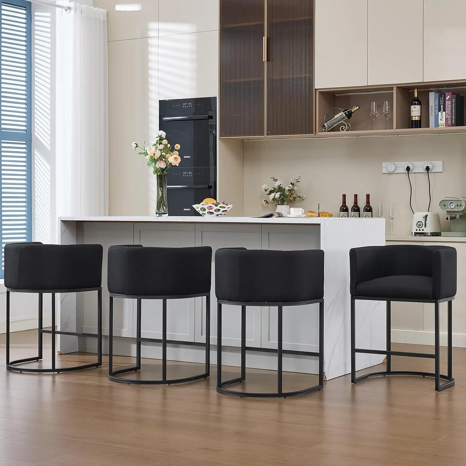 

Curved Back Counter Stool Linen Upholstered Kitchen Island Dining Cafe Pub 4pcs Black Custom