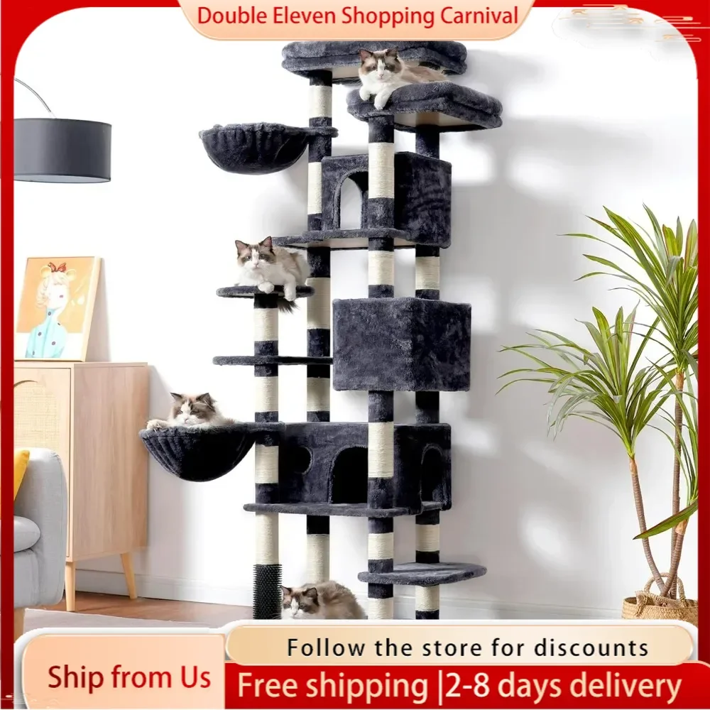 Cat Tree, 74 inches Multi-Level XL Large Cat Tower for Indoor  with Three Condos, Two Large Top Decks and Hairbrushfor