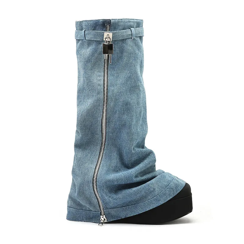 Arden Furtado 2024 Spring Denim Platform Middle boots Round toe Wedges Turned-over Edge Metal buckle Modern boots Large size