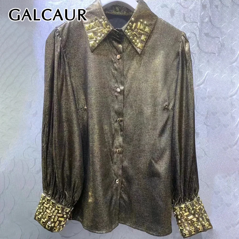 

GALCAUR Solid Slimming Spliced Single Buttons Blouse for Women Lapel Long Sleeves Patchwork Beading Top Female Fashion New Style
