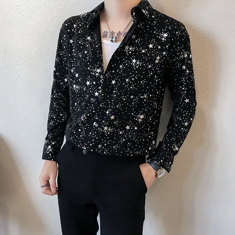 Internet Celebrity Five-pointed Star Shirt Men's Long-sleeved Casual Silky Ins Handsome Hair Stylist Trendy Star Versatile Shirt