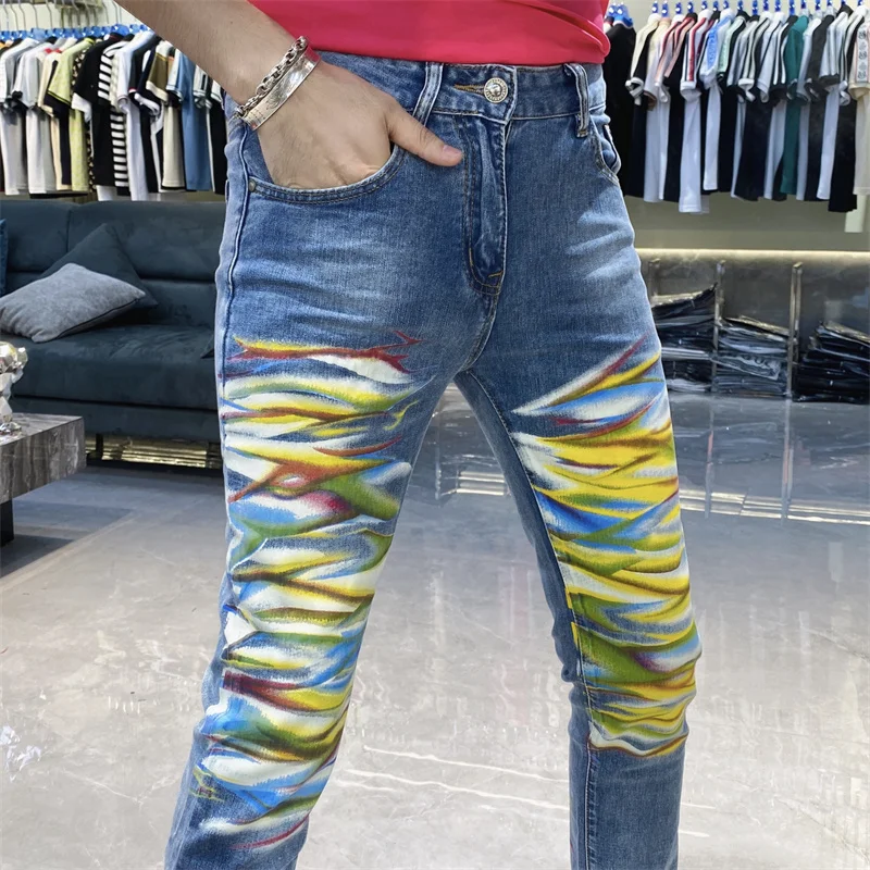 Color Contrast Jeans Men's Skinny Jeans Men Printing Men Jeans Pants Men Streetwear Vaqueros Hombre 2024 Erkek Kot Pantolon