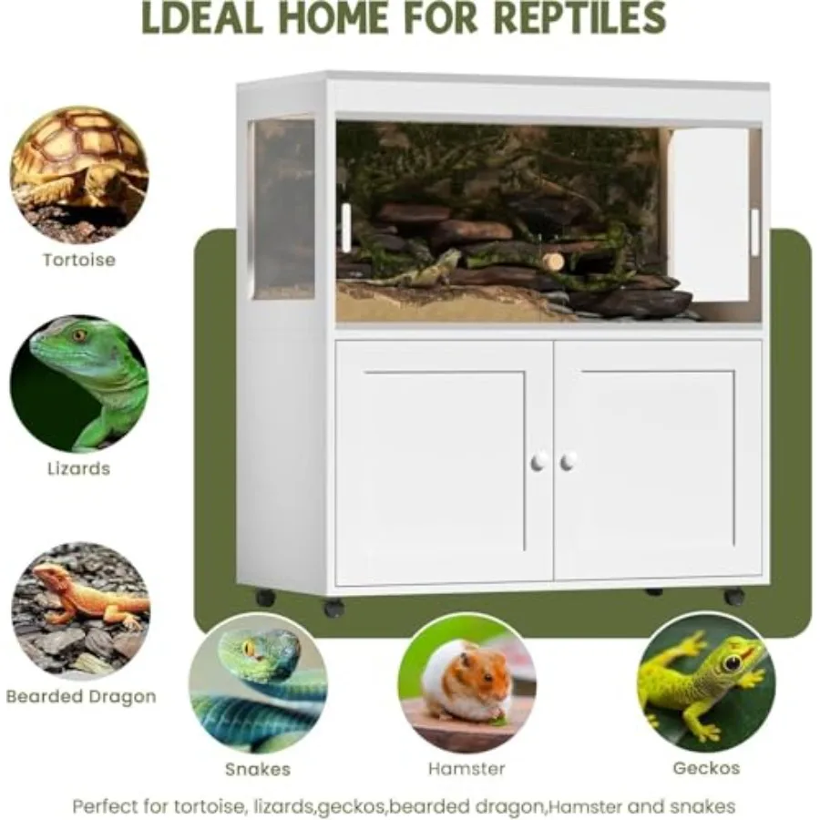 Large 60 Gallon Reptile Tank with Storage Cabinet Bearded Dragon Tank with Sliding Door, Wheels and Metal Mesh Roof for Snakes, view 2