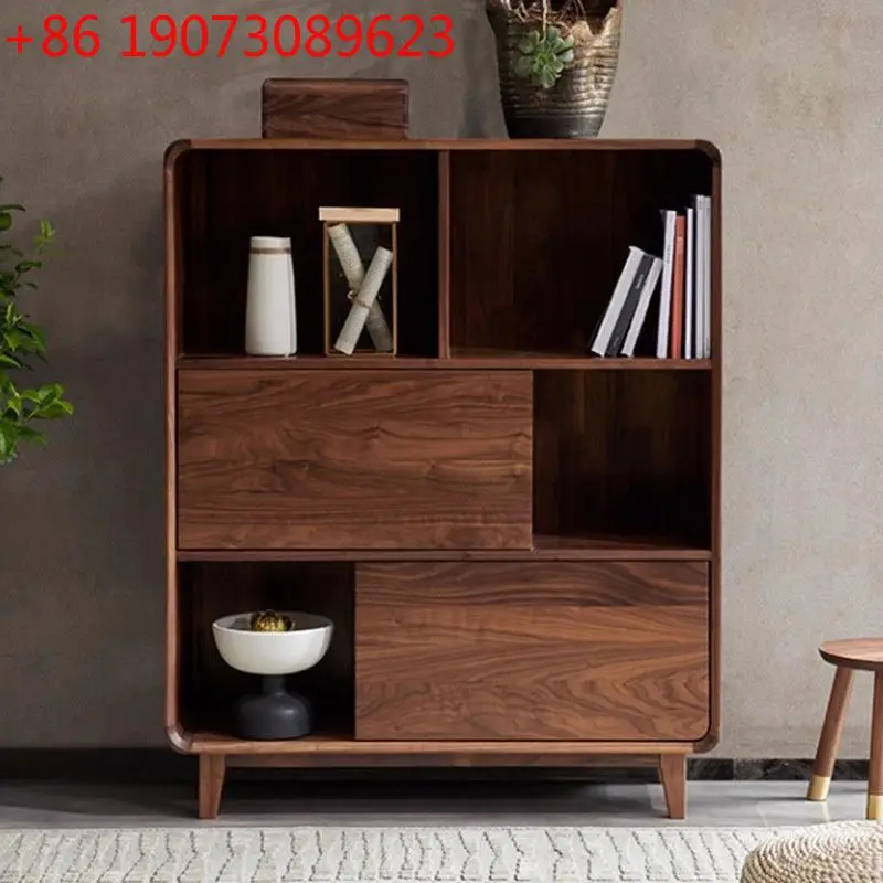 

Retro style black walnut bookcase side cabinet new Chinese storage bookshelf sofa side cabinet removable