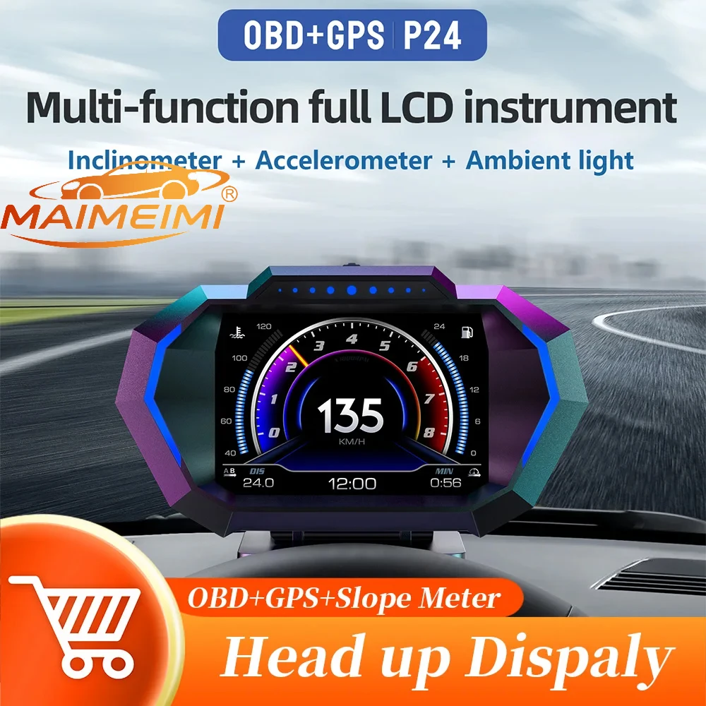 P24 Head Up Display Dual System Digtial Water Oil Temp Turbo Press lnclinometer HUD OBD2 Car Accessory On-board Computer Car
