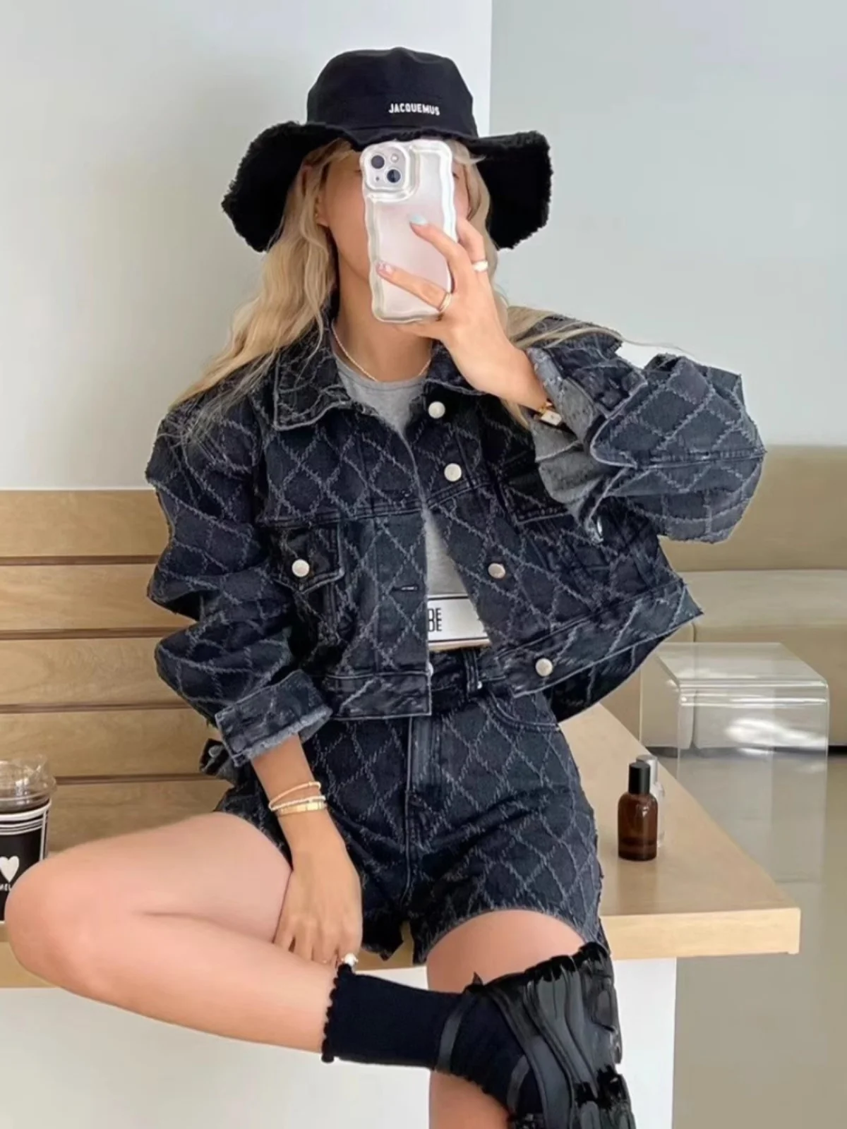 

Retro Collar Loose Fit Women's Denim Jaet with Double kets ort Sle Slimming Cotton Fabric Trendy Outerwear