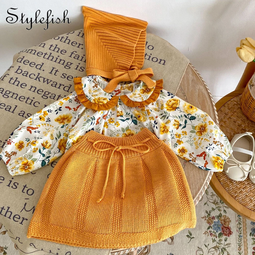 Spring and Autumn New Network Red Baby Girl Clothes Fashion Flower Print Long Sleeve Sweetheart+Knitted Skirt+Hat 3-piece Set