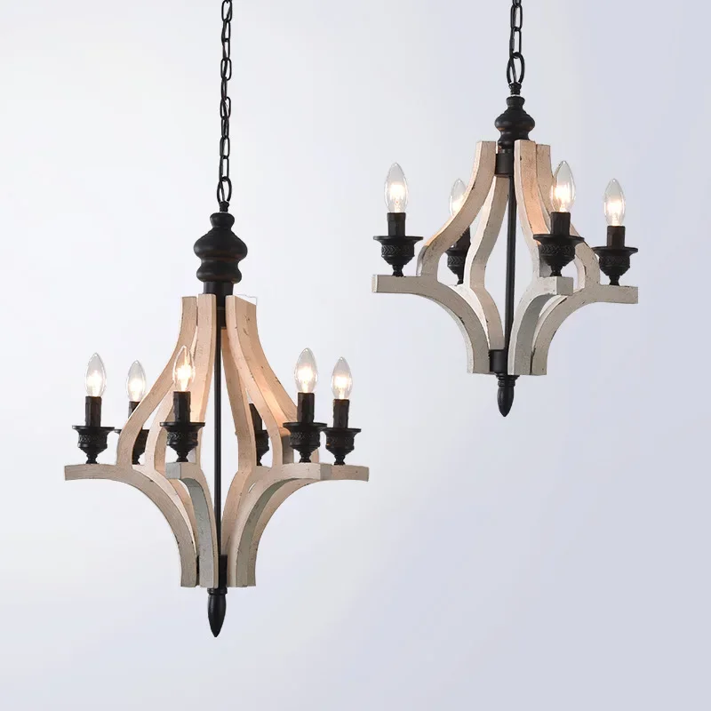

Vintage French Solid Wood Chandelier Creative Design Living Room Dining Room Bedroom Corridor Kitchen Wooden Pendant Light