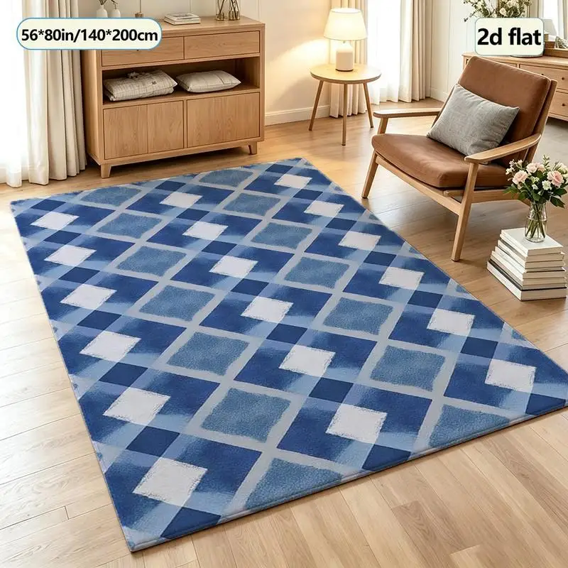 Blue Diamond Plaid Pattern Geometric Print Carpet Non-Slip Carpet, Suitable for Living Room, Bedroom, Indoor Home Decoration