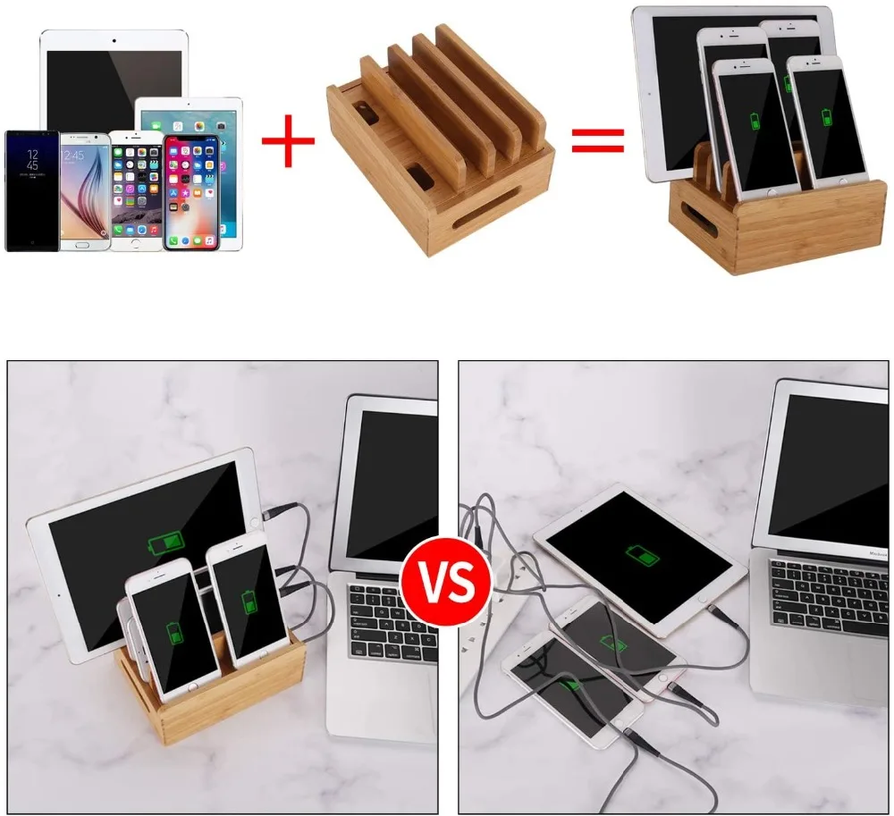 Bamboo Holder for iPhone Stand for Samsung Phone Cords Charging Station Docks Organizer for Smart Phones and Tablets USB Charger