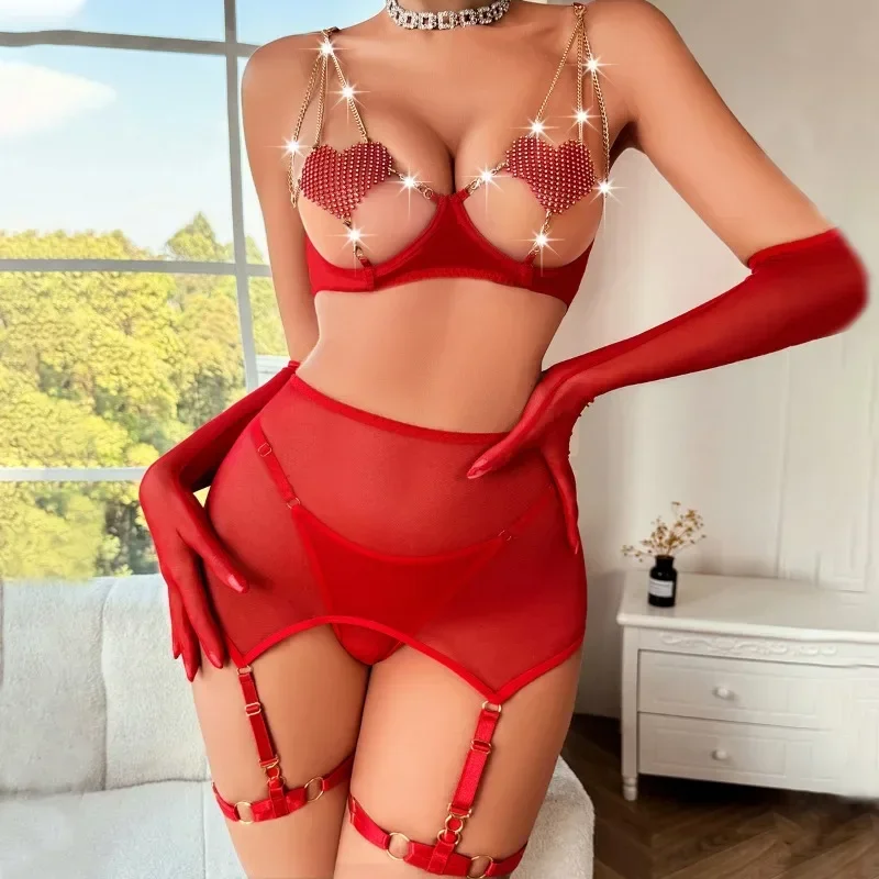 CHUANGERM Sexy Net Red Erotic Lingerie INS  Exposed Breast Love Chain Sexy See-Through Mesh Five-Piece Sets Female Onlyfans Kit