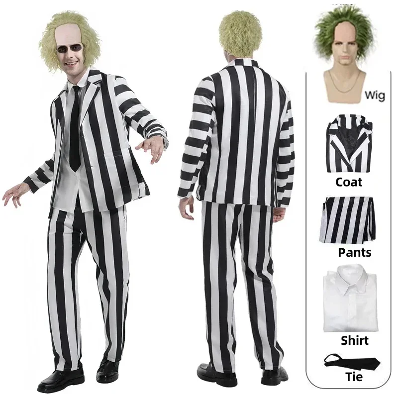 Image of Film Juice Cosplay Kostüm Schwarz-Weiß-Streifen Jacke Hemd Hose Set Herren Erwachsene Halloween Party Outfit