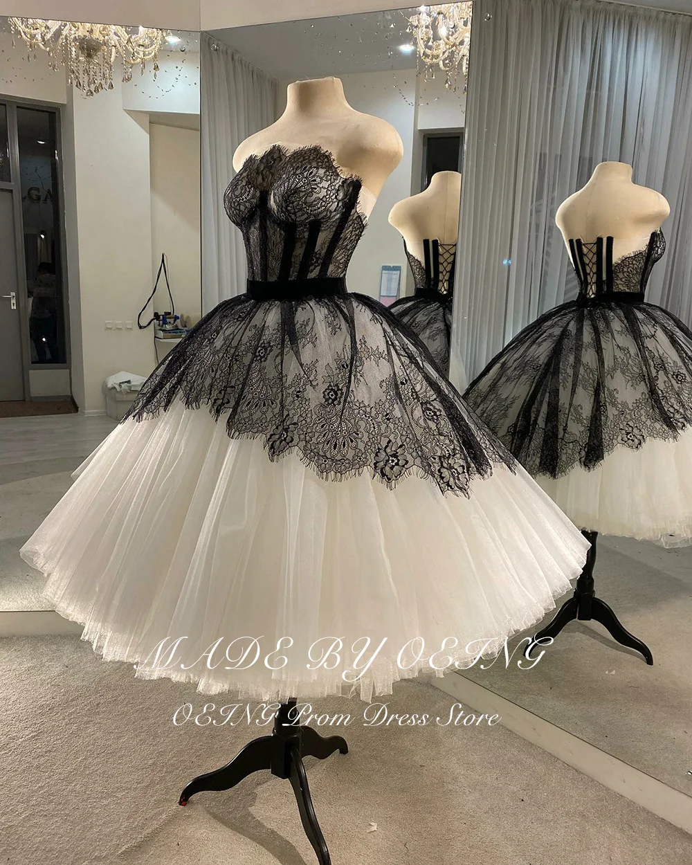 OEING Vintage Black And White Tulle Prom Dresses Elegant Lace Formal Party Evening Gowns Women Ball Dress Vestidos De Gala