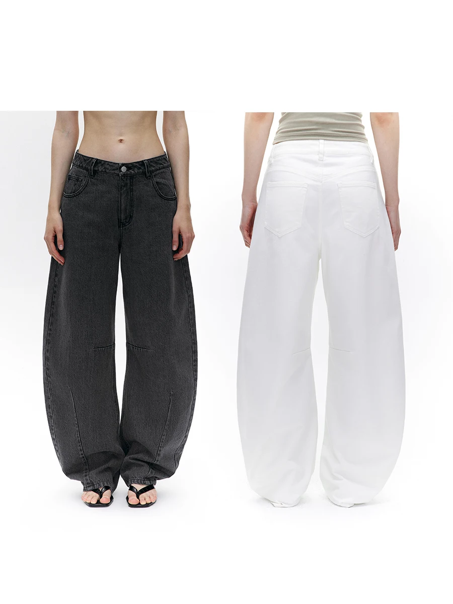 

Loala Office Original Design Wide Leg Scythe Shape Denim Pants Banana Pear Shape Curved Blade Women Casual Cotton Stretch