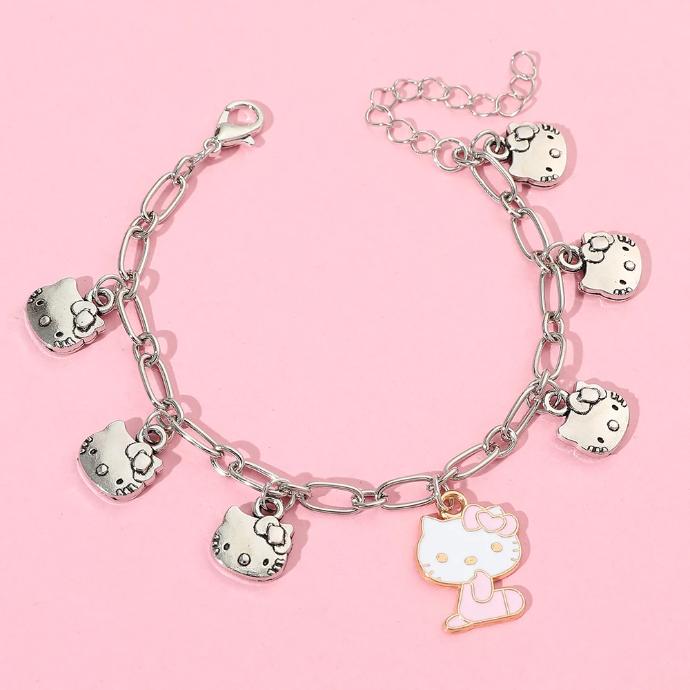 Kitty Cat Beads Bracelet Kawaii Anime Figure Silver Color Charms Bracelet Fashion Y2K Jewelry for Women Girl Accessories Gift