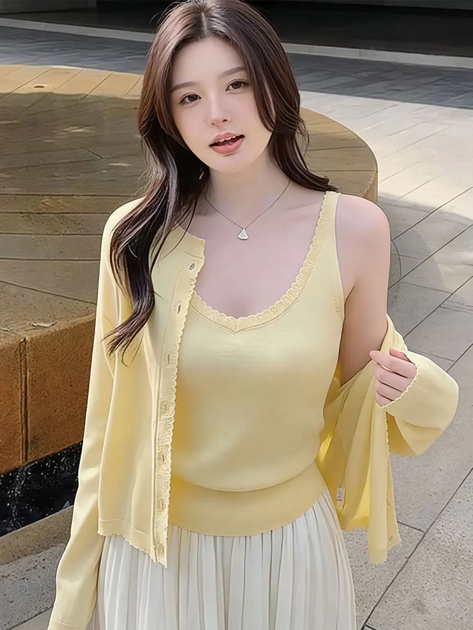 

Women's Summer Cardigan Sweater Set with Strap Vest Sun Protection Knitted Outerwear Casual Style Long Sleeve Polyester Fiber