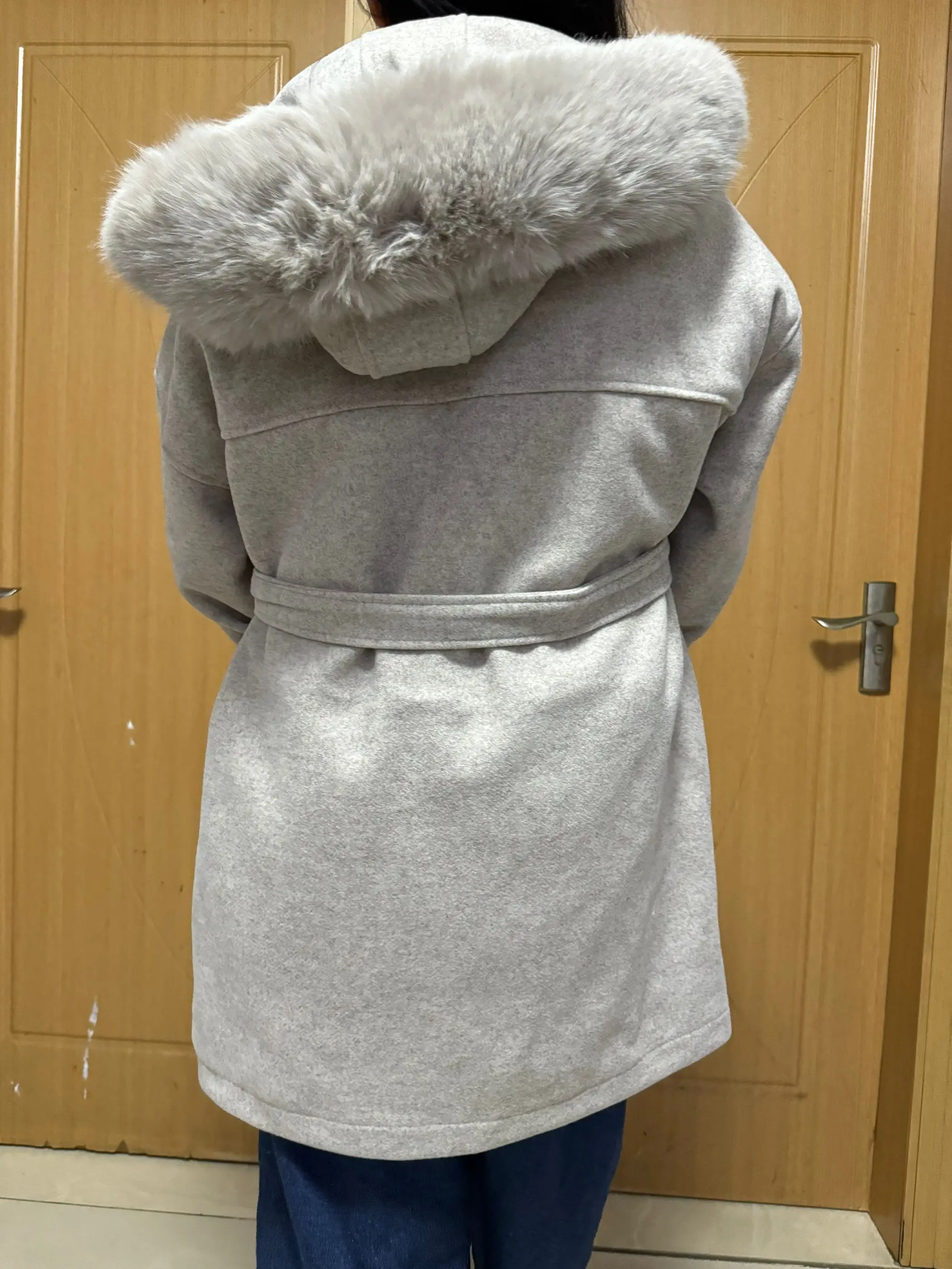 Winter Women Faux Woolen Beige Overcoat With Fur Hooded Fashion Belt Out Streetwear Long Sleeves Loose Coat