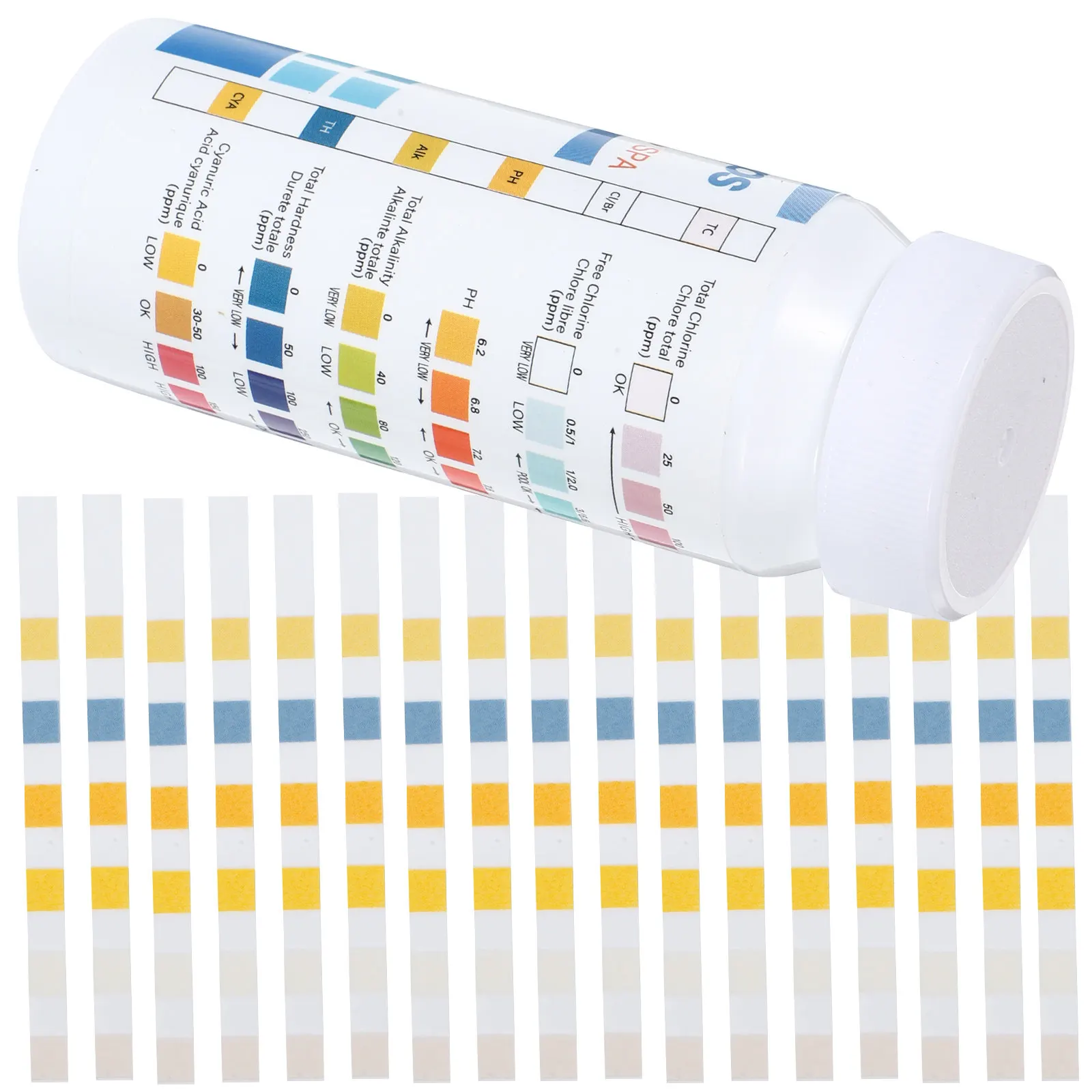 1 Juego de tiras reactivas portátiles para piscinas, 6 parámetros: pH, cloro libre, dureza, alcalinidad, ácido cianúrico, prueba rápida y precisa por inmersión